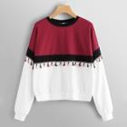 Romwe Plus Tassel Detail Color Block Pullover