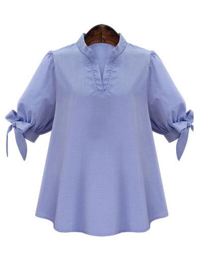 Romwe Stand Collar With Bow Blue Top