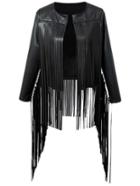 Romwe Black Long Sleeve Fringe Pu Leather Jacket