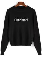 Romwe Women Letter Embroidered Black Sweater