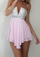 Romwe Strapless V Cut With Sequined Flare Pink Dress