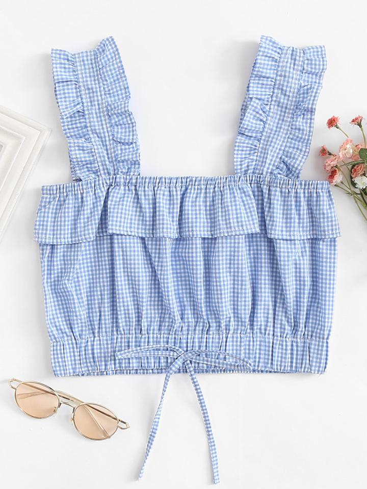 Romwe Frill Trim Checked Drawstring Crop Top