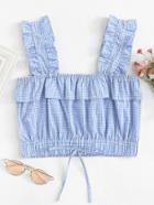 Romwe Frill Trim Checked Drawstring Crop Top