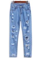 Romwe High Waist Ripped Denim Pale Blue Pant