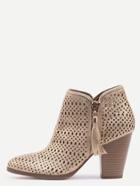 Romwe Gold Faux Suede Laser Cut Wood Heel Boots
