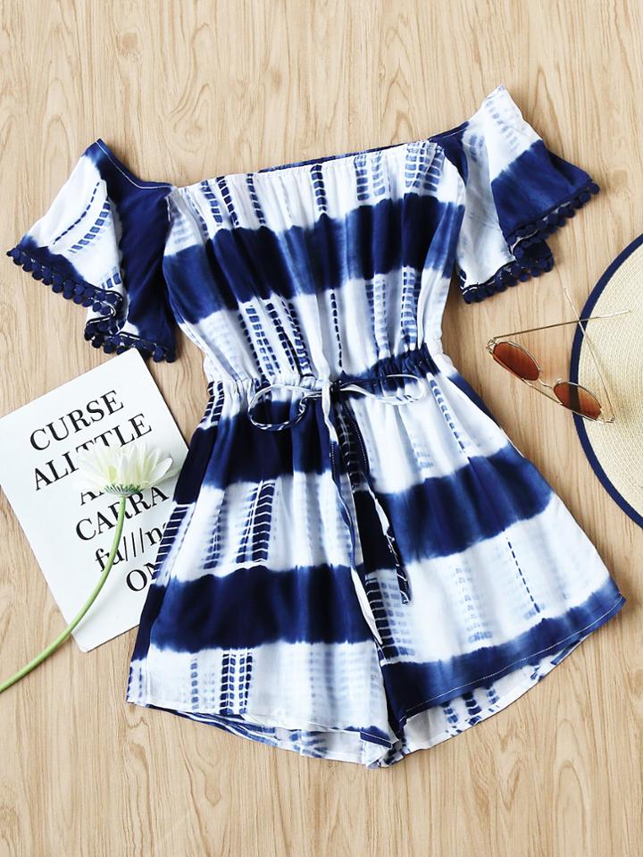 Romwe Bardot Tie-dye Drawstring Waist Playsuit
