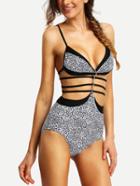 Romwe Leopard Strappy Chain Embellished One-piece Swimwear