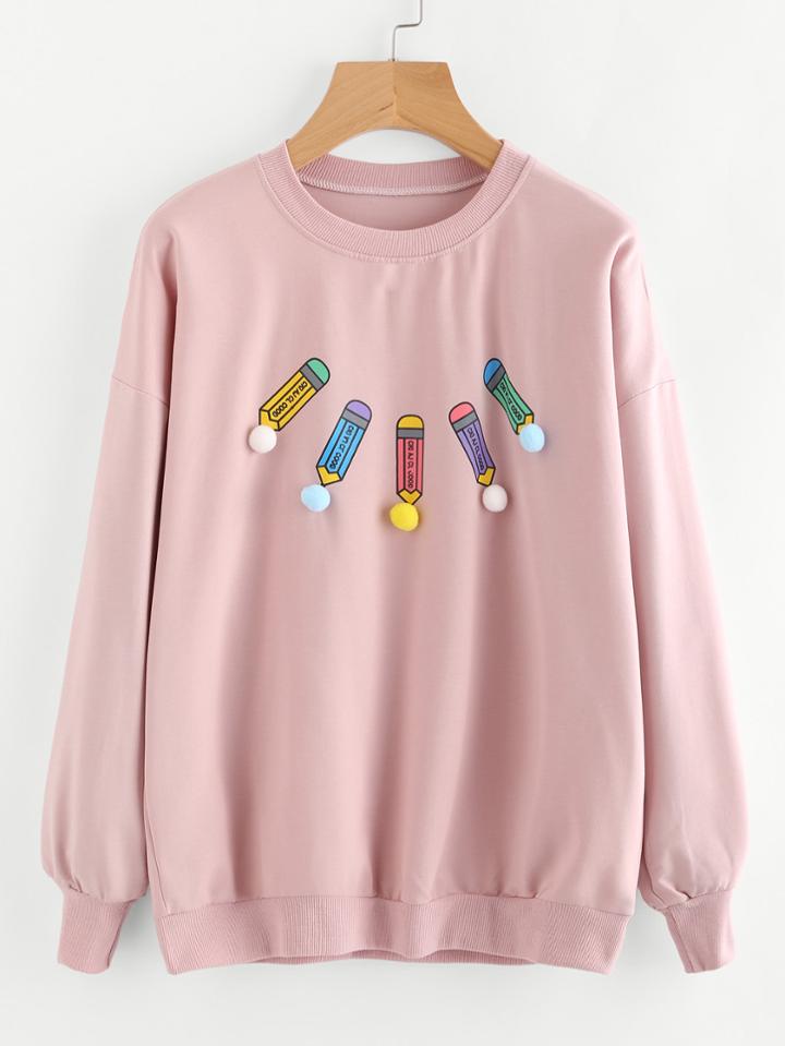 Romwe Pencil Print Pom Pom Detail Sweatshirt