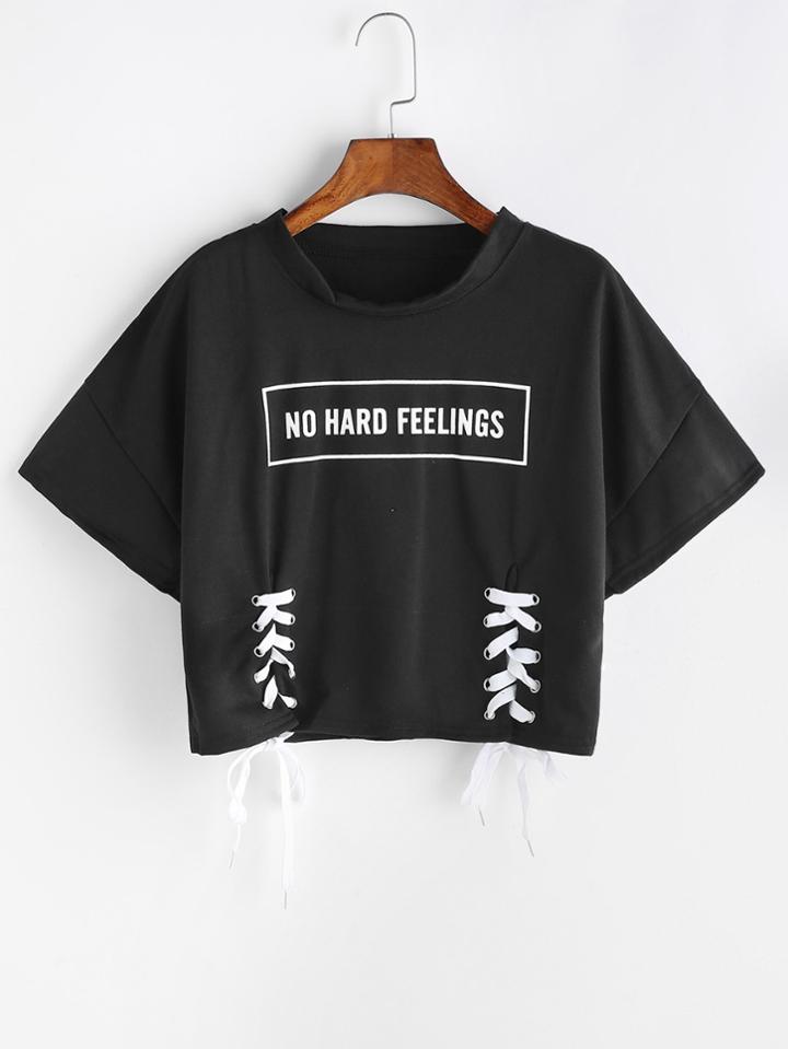 Romwe Black Letter Print Lace Up Side T-shirt