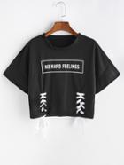 Romwe Black Letter Print Lace Up Side T-shirt