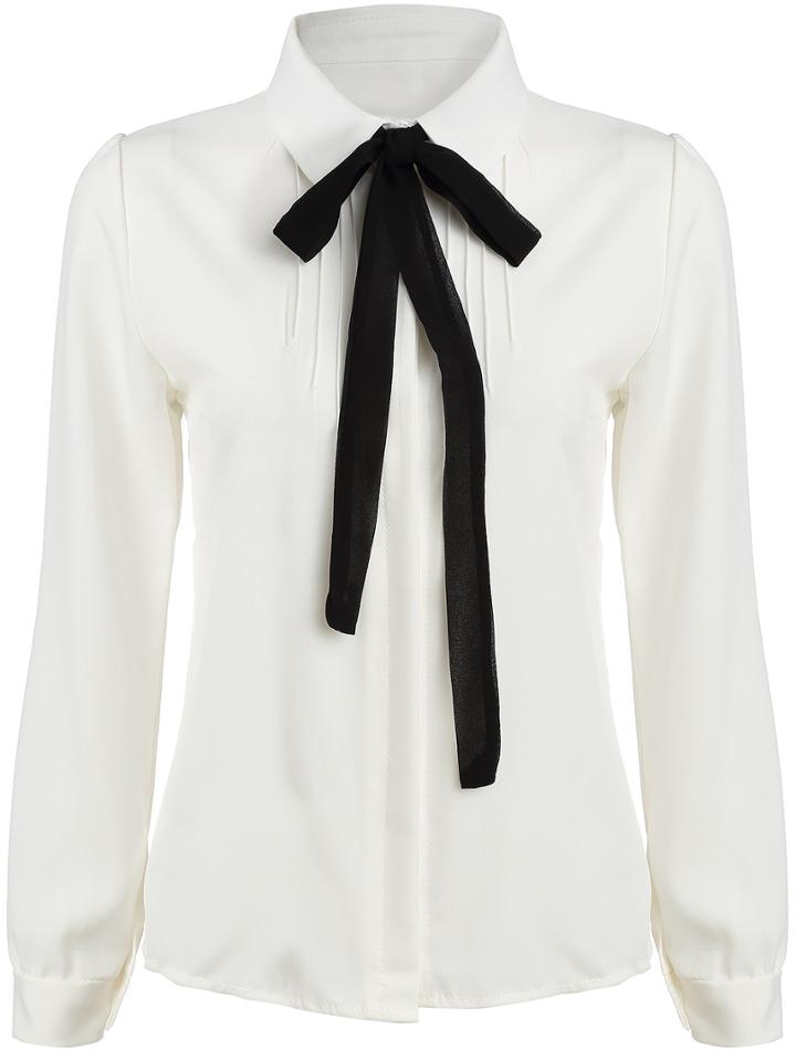 Romwe White Tie-neck Long Sleeve Slim Blouse