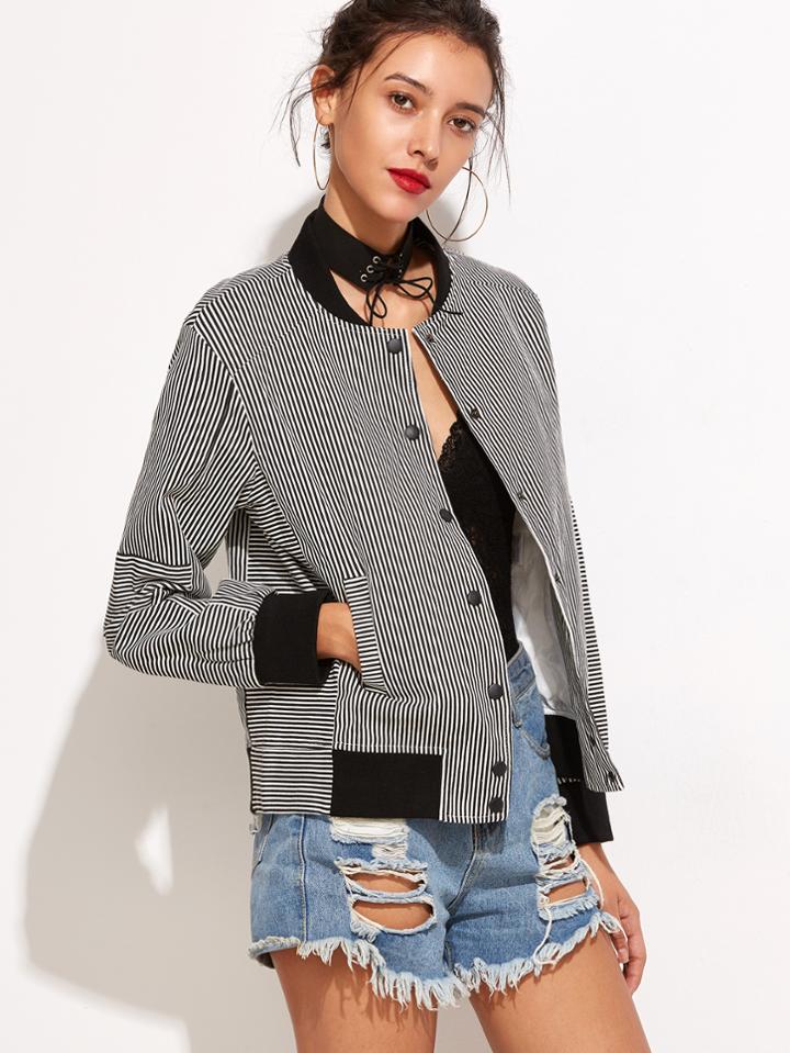 Romwe Contrast Trim Striped Single Breasted Jacket