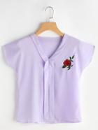 Romwe Rose Embroidered Fold Over Placket Top
