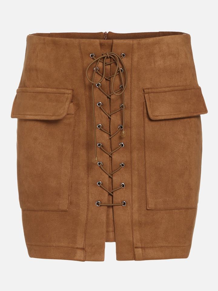 Romwe Khaki Suede Lace Up Front Pockets Bodycon Skirt
