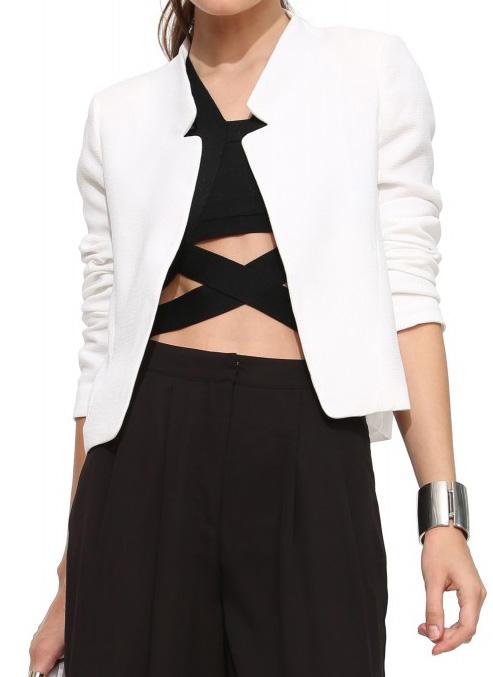 Romwe Stand Collar Slim White Blazer