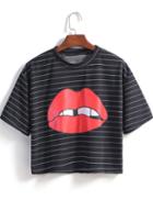Romwe Striped Lip Print Crop Black T-shirt