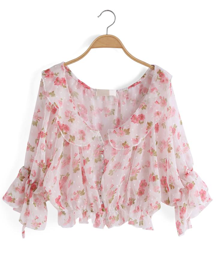 Romwe Doll Neck Ruffle Florals Chiffon White Top