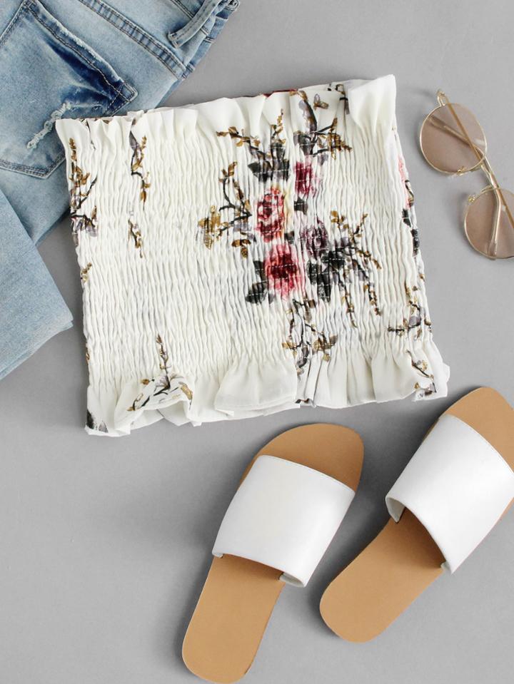 Romwe Floral Print Pleated Tube Top