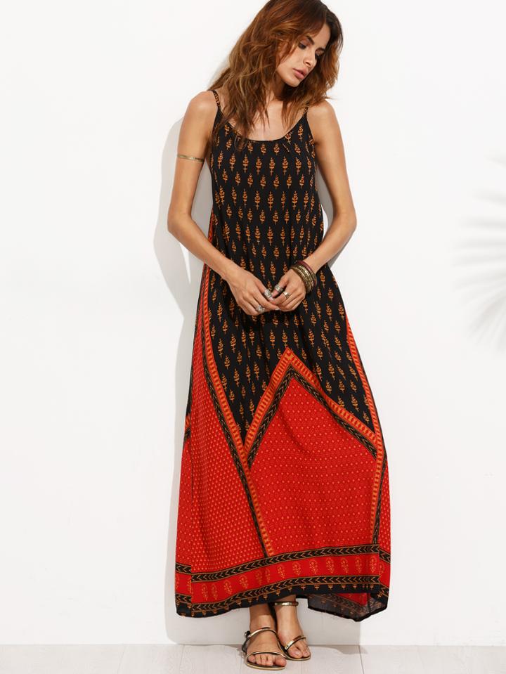 Romwe Color Block Print Backless Cami Dress