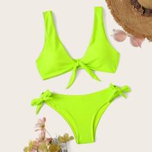 Romwe Neon Lime Knot Front Top With Tie Side Bikini Set