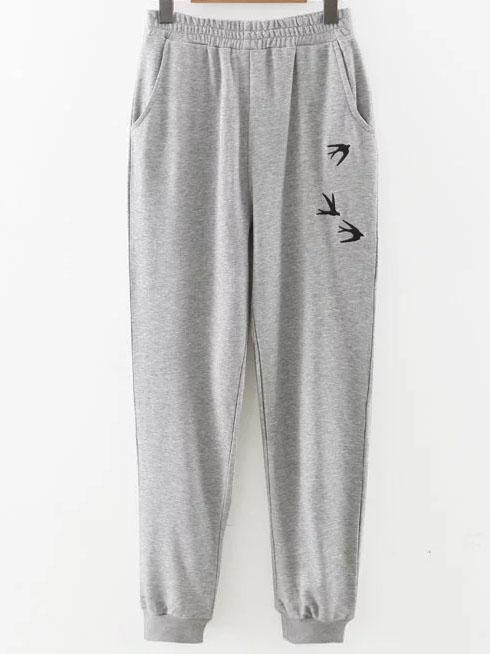 Romwe Grey Swallow Embroidery Ribbed Cuff Pants