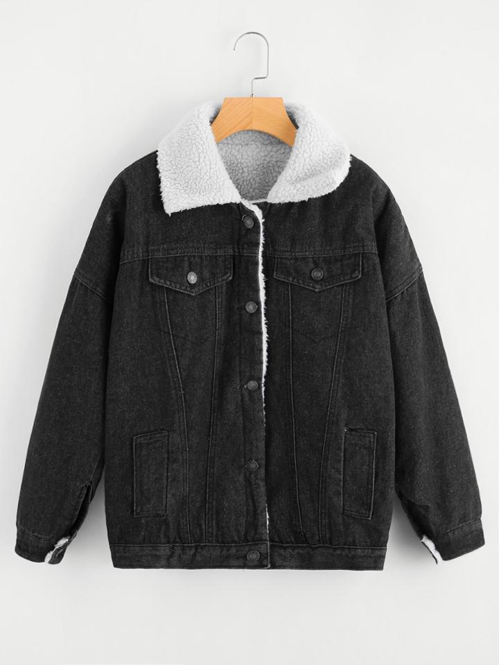 Romwe Single Breasted Denim Sherpa Jacket