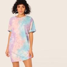 Romwe Drop Shoulder Rolled Cuff Tie Dye Dress