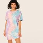 Romwe Drop Shoulder Rolled Cuff Tie Dye Dress