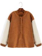 Romwe Contrast Sleeve Fleece Khaki Coat