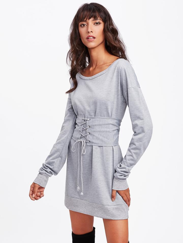 Romwe Drop Shoulder Marled Sweatshirt Dress With Corset Belt