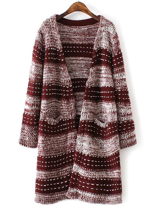 Romwe Burgundy Wide Striped Pockets Sweater Coat