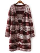 Romwe Burgundy Wide Striped Pockets Sweater Coat