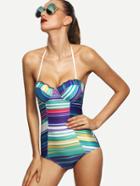 Romwe Scalloped Multicolor Striped One-piece Swimwear