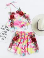 Romwe Water Color Rose Applique Crop Top With Shorts