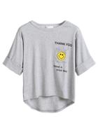 Romwe Grey Smile Letters Print Dip Hem Cuffed T-shirt