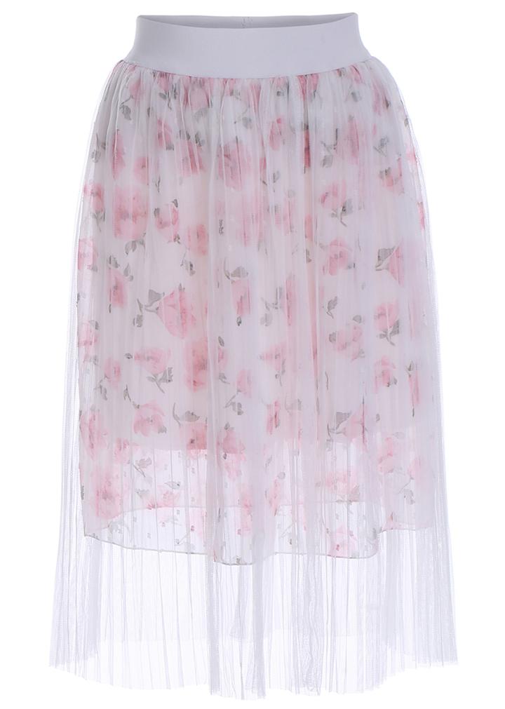 Romwe Elastic Waist Rose Print Mesh Skirt