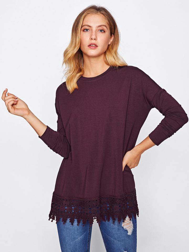 Romwe Drop Shoulder Crochet Trim Tee
