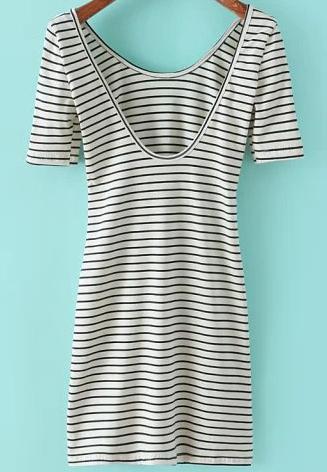 Romwe White Striped Scoop Neck Short Sleeve Slim Dress