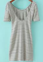 Romwe White Striped Scoop Neck Short Sleeve Slim Dress