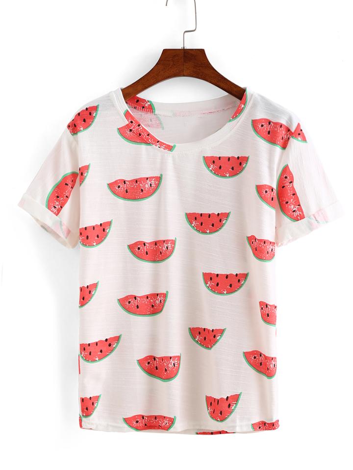 Romwe Rolled Sleeve Watermelon Print T-shirt