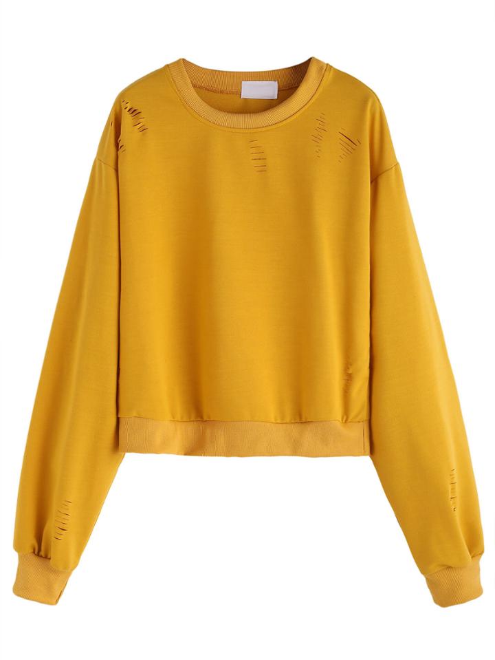 Romwe Mustard Distressed Long Sleeve Sweatshirt