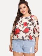 Romwe Floral Print Open Shoulder Top
