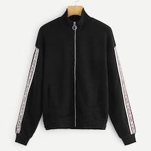 Romwe Letter Print Tape Side Zip Up Jacket