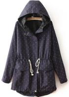 Romwe Hooded Polka Dot Drawstring Navy Coat