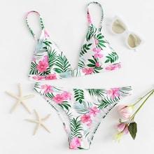 Romwe Tropical Print Triangle Top Bikini Set