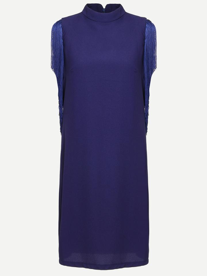 Romwe Navy Stand Collar Zipper Back Fringe Dress