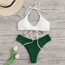 Romwe Two Tone Halter Top With High Cut Bikini