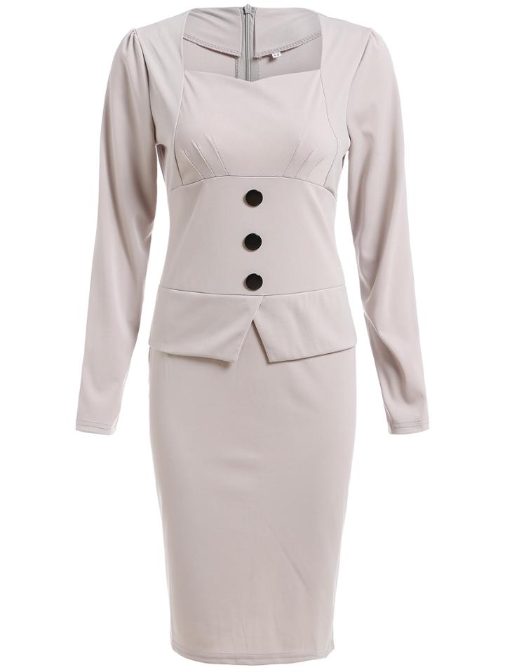 Romwe Apricot Sweetheart Button Business Pencil Dress