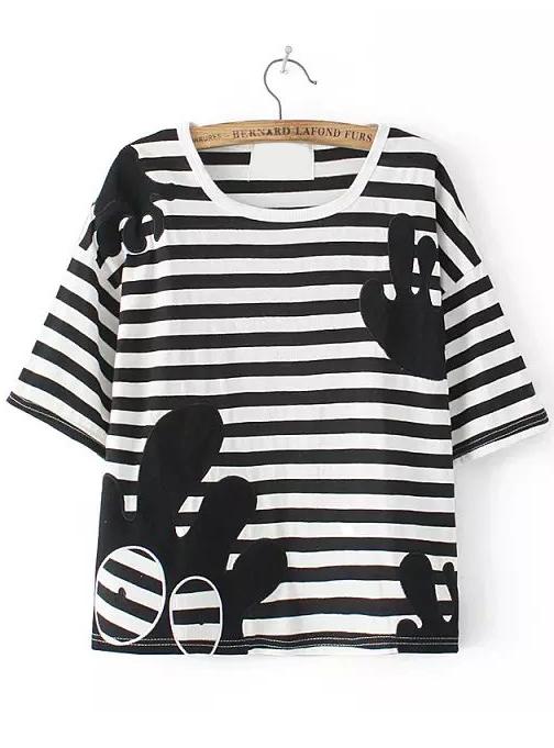 Romwe Octopus Print Striped Black T-shirt