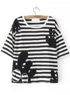 Romwe Octopus Print Striped Black T-shirt